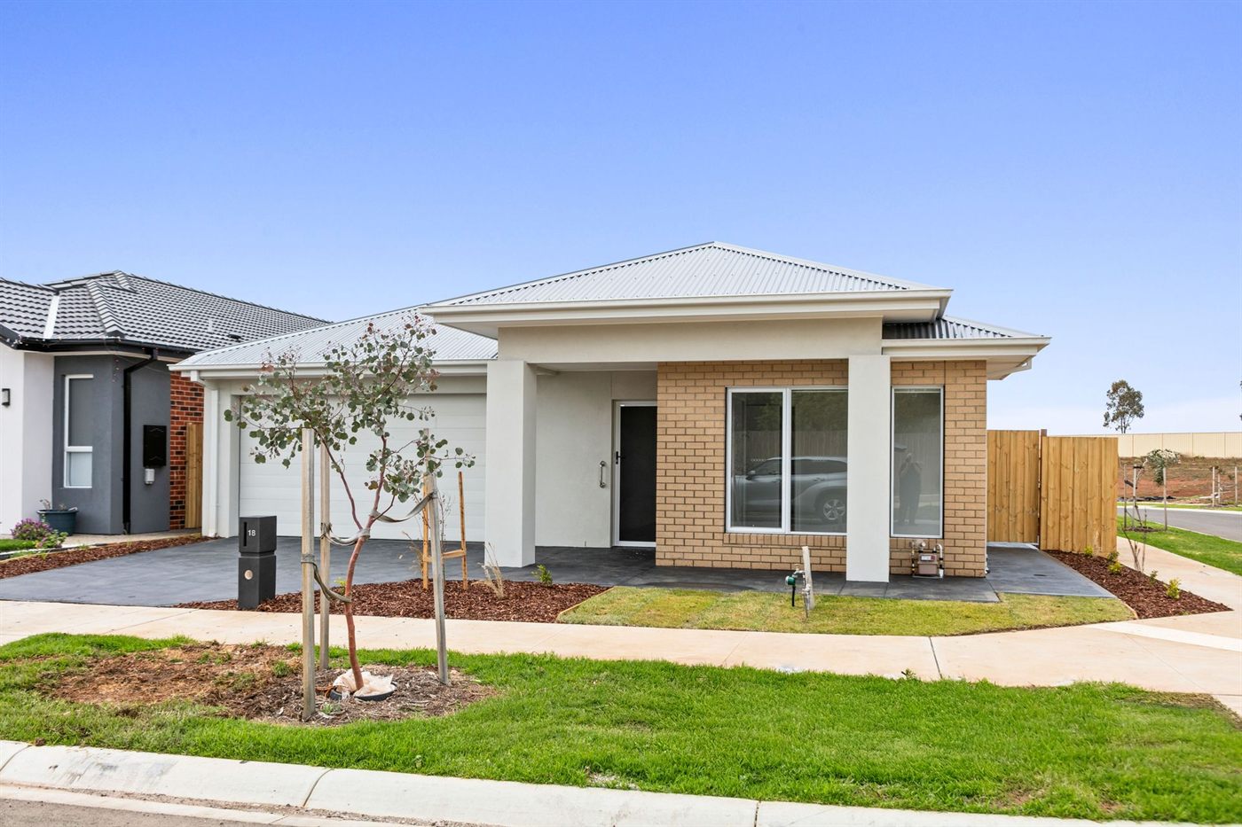 The front of 18 Xavier Road: a single-storey brick and render home with a double garage and a young street tree.
